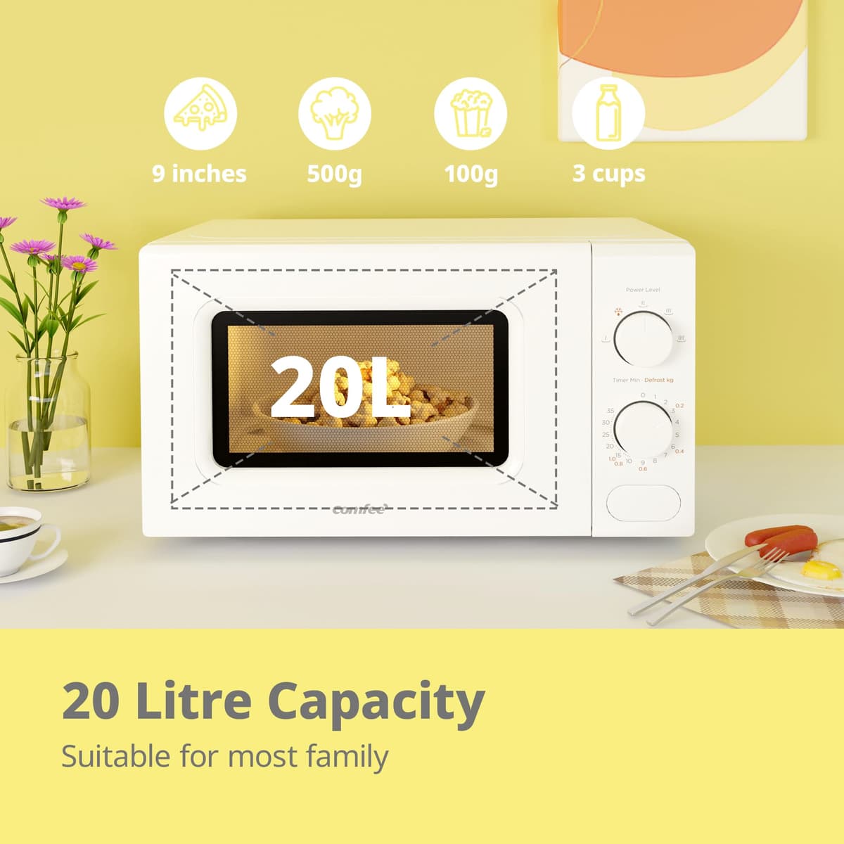 COMFEE' 700W 20L White Microwave Oven With 5 Cooking Power Levels, Quick Defrost Function, And Kitchen Manual Timer - Compact Design CM-M202CC(WH) — view 2