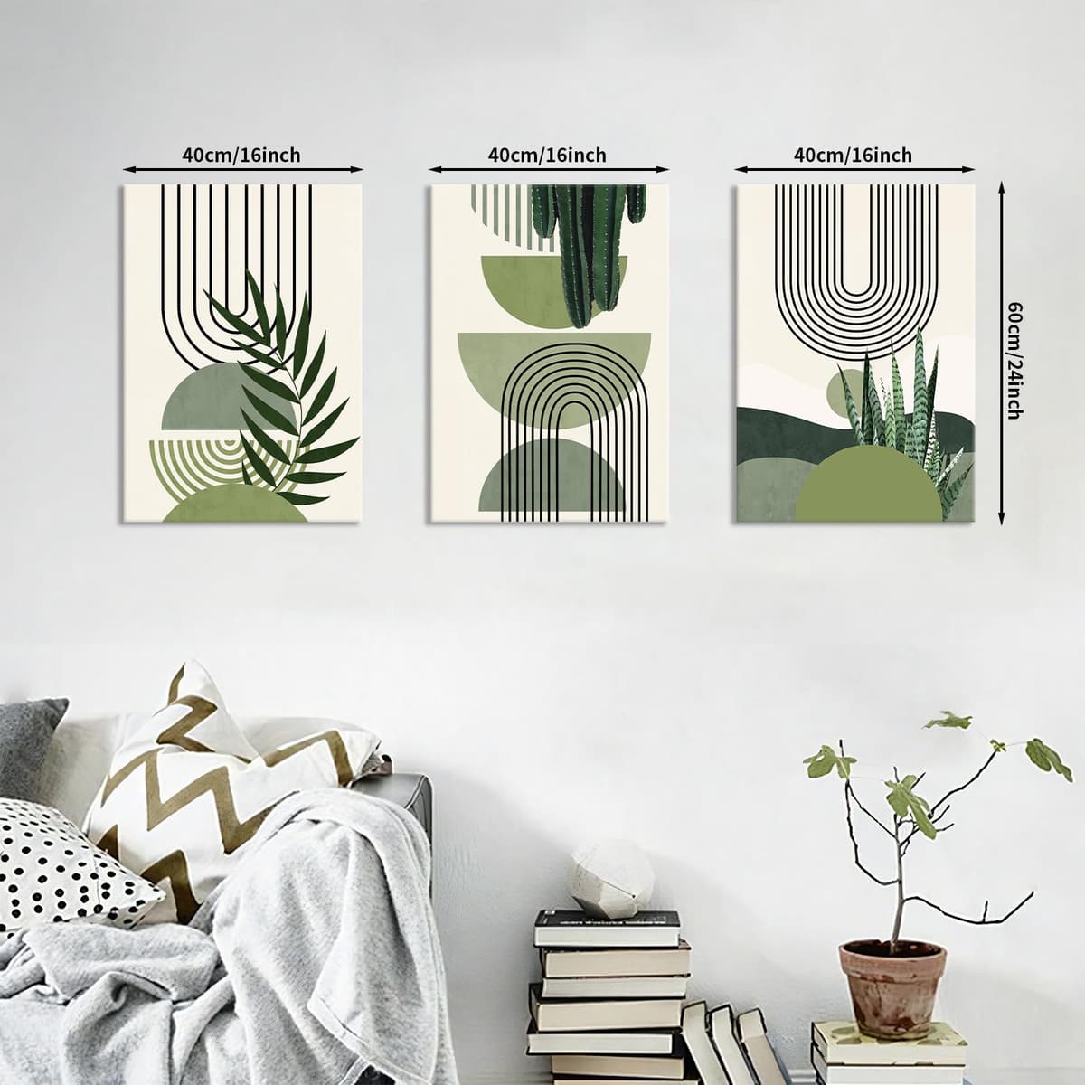 FajerminArt 3Pcs Framed Sage Green Canvas Wall Art, Modern Aesthetic Green Plant Wall Art Boho Home Decor Poster Canvas Painting Wall Decor for Bedroom Living Room Office Ready to Hang 40x60cmx3 Pcs — view 2