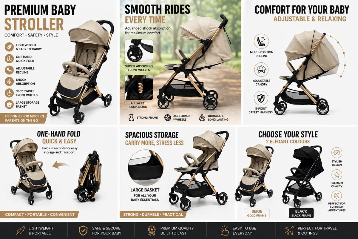Luxury Baby Stroller Lightweight Foldable Pushchair Travel System Pram with Reclining Seat, 5-Point Harness, Storage Basket Rain Cover (Black) — view 5