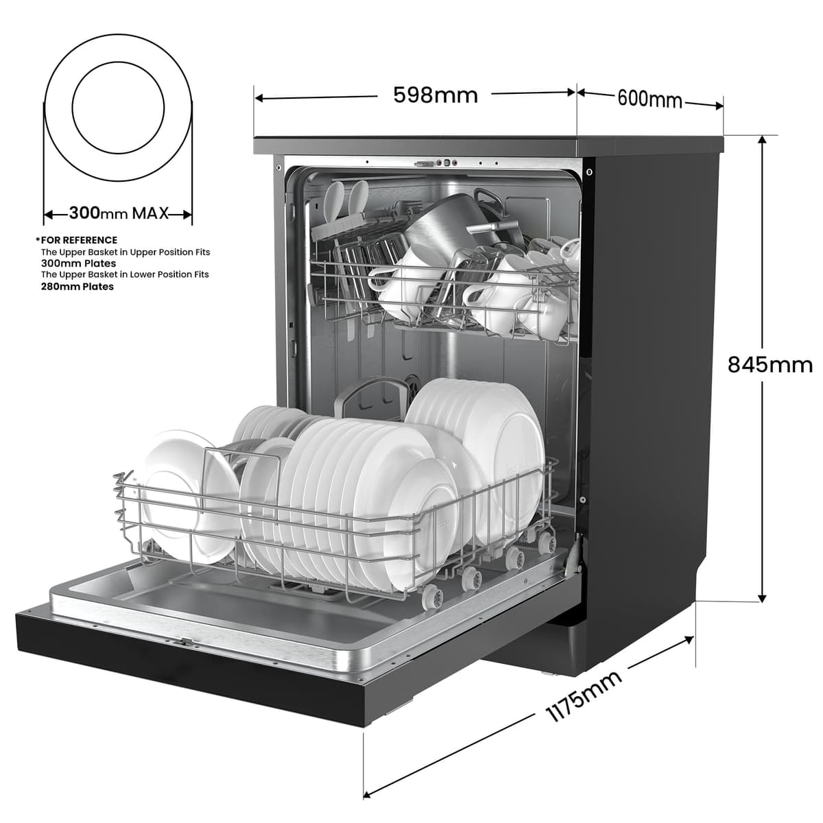 COMFEE' Freestanding Dishwasher with 14 Place Settings, 44dB Quiet Full Size Dishwashers, CDWEF1435EBC-UK, ECO Wash, Auto Open Drying, Half Load, Delay Start, Wide LED Display, Black — view 2