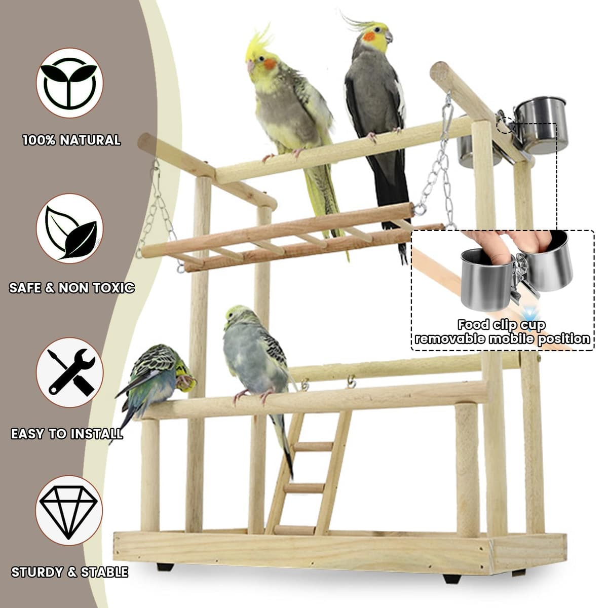 Parque de Juegos para Pájaros Gimnasio para Aves Stand Área de Juego con Soporte Perchas Columpio Escalera Bandeja para Agapornis, Loros, Madera, Tamaño 40x26x45.5 CM — view 3