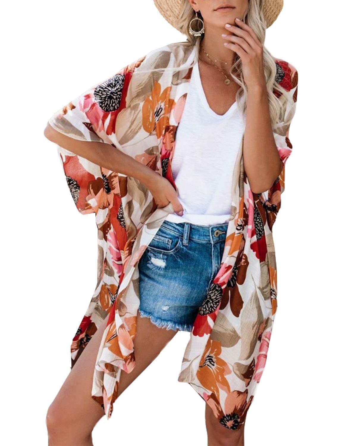 MayBuy Women's Summer Long Flowy Kimono Cardigans Boho Chiffon Floral Beach Cover Up Tops — view 7