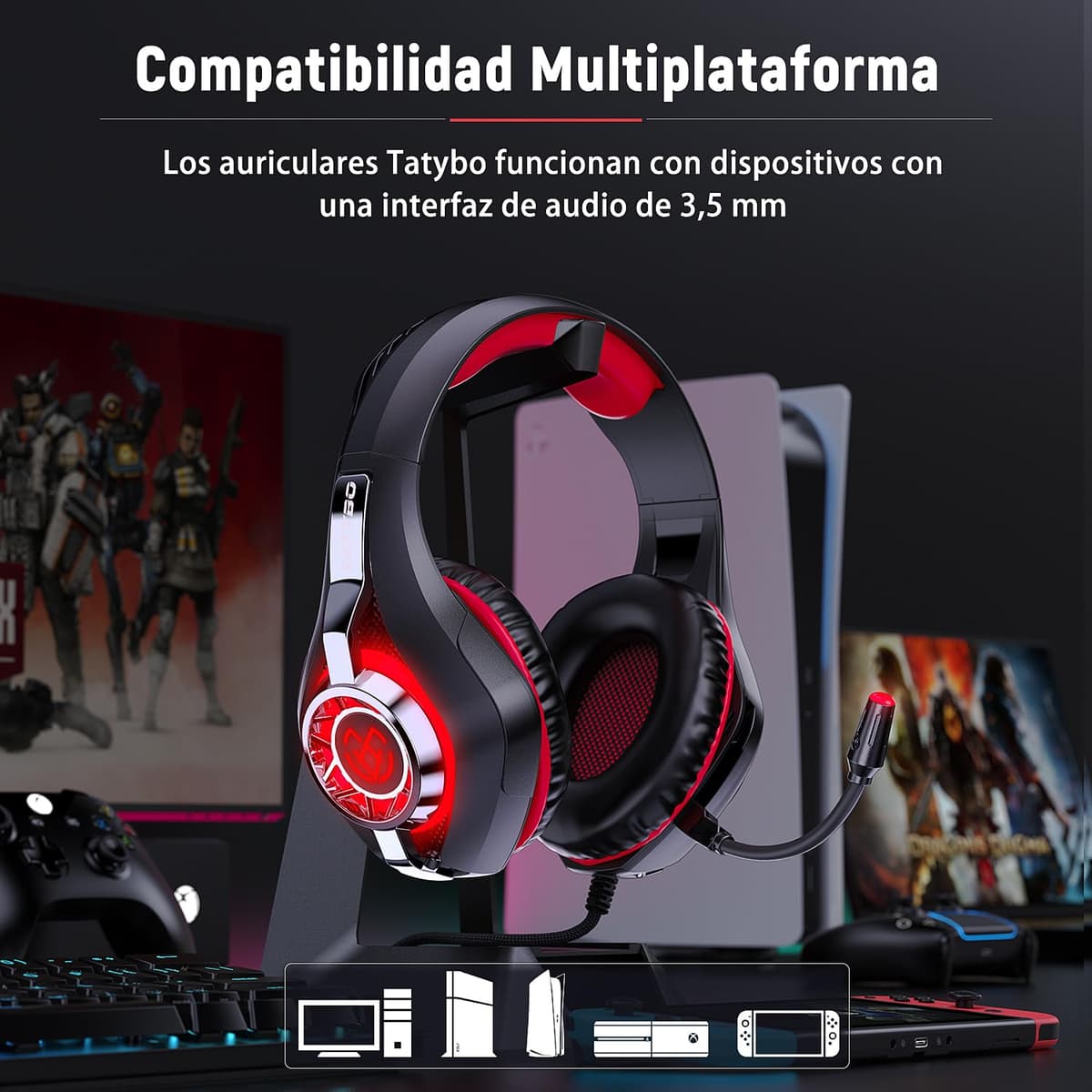 Tatybo Cascos Gaming, Auriculares Gaming con Graves Envolventes 3D, Micrófono Reducción De Ruido Y Almohadillas De Proteína, para Ps4 Ps5 Xbox PC Laptop — view 6