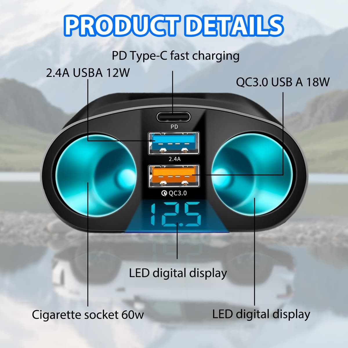 120W Car Cigarette Lighter Adapter, Dual USB QC3.0 & PD 12V/24V Multi Socket Car USB Charger Splitter Double Cigarette Lighter with LED Voltmeter Fast Charging for Phones GPS Dashcam Vehicle Devices — view 3
