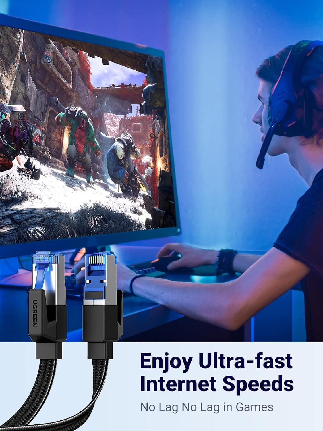 UGREEN Ethernet Cable 5M, Cat 8 Internet Cable Flat High-Speed 40Gbps 2000Mhz Network Cable, Gigabit Braided RJ45 LAN Cable Patch Cord Compatible for PC/Laptop, PS5, Xbox, Modem, Router, Switch, TV — view 2