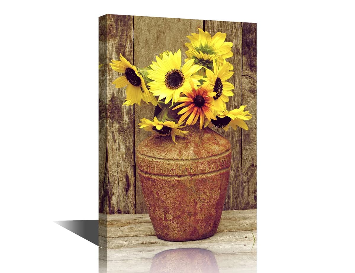 TISHIRON Rustic Yellow Sunflower in Vase Farmhouse Cottage Countryside 18"x12" Canvas Wall Art Prints Framed Picture Photo Painting Home Decor Ready to Hang — view 31