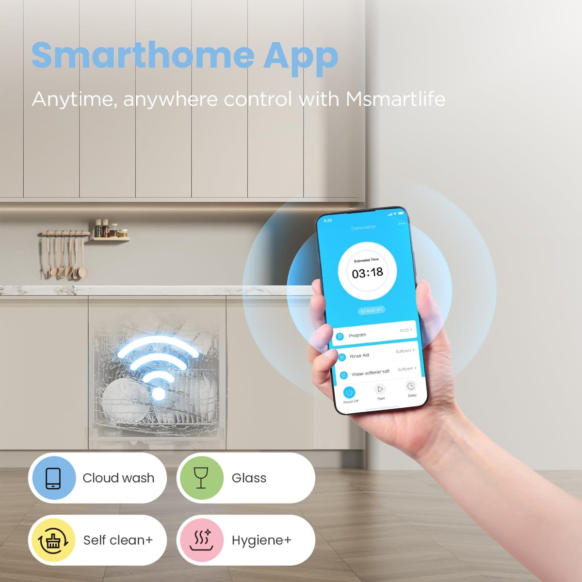 COMFEE' Fully Integrated Dishwasher with 14 Place Settings, Wi-Fi Connected, 47dB Low Noise, Built-in Dishwasher with Rapid Wash, Half-load, Auto Door Open Drying-CDWPF1415P-UK — view 3
