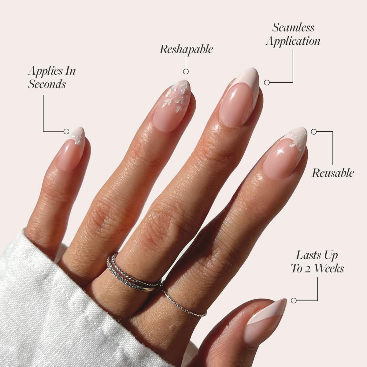 Glamnetic Press On Nails - All Time Love | Glossy, Semi-Transparent, Short Almond French Tip Nails with Leaf Accents, Salon Quality | 15 Sizes - 30 Nail Kit with Glue — view 3