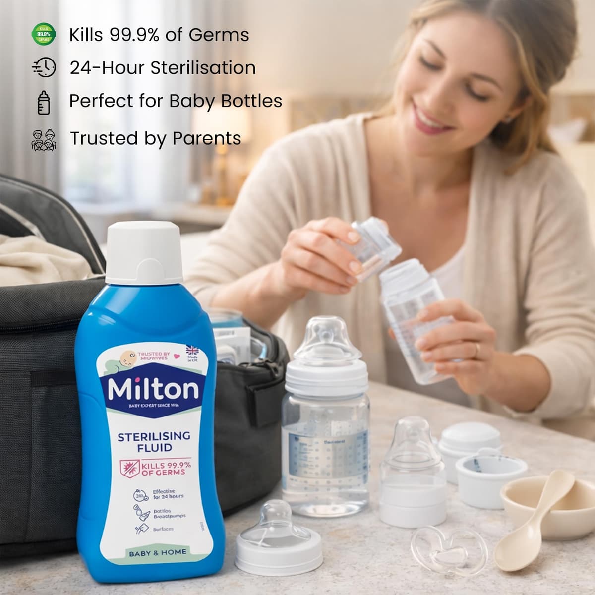 Milton Sterilising Fluid 500ml Trusted Cold Water Steriliser for Baby Bottles Feeding Equipment Breast Pump Accessories and Household Items Fast Effective Hygiene Care — view 5