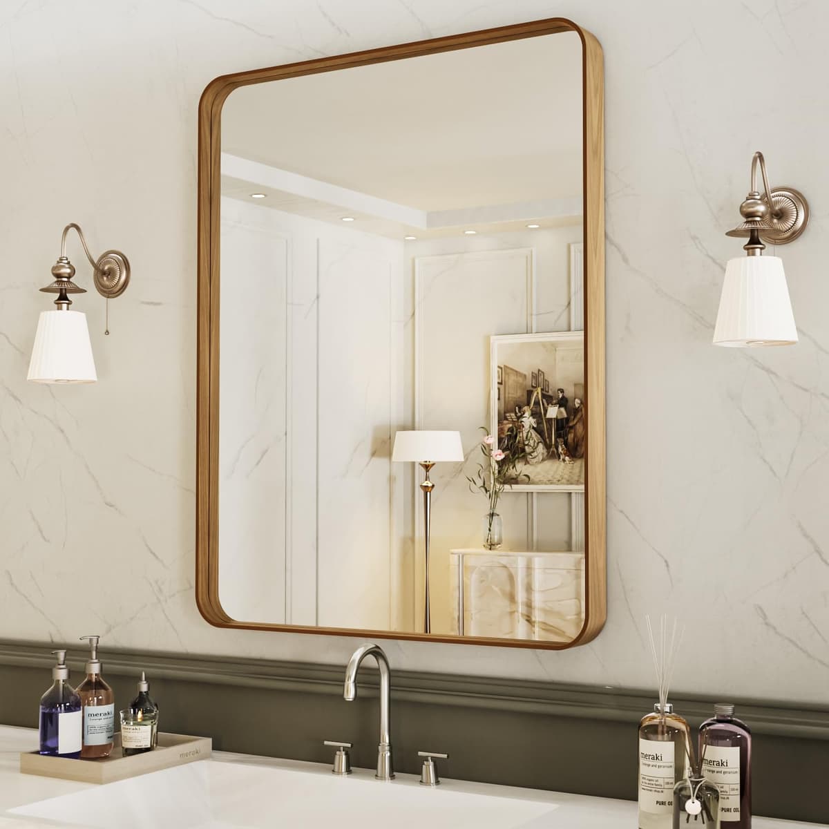 LOAAO 48”X36” Gold Bathroom Mirror, Rounded Rectangle Gold Frame Mirror, Brushed Gold Bathroom Vanity Mirror Wall-Mounted, Anti-Rust, Tempered Glass, Hangs Horizontally or Vertically — view 10
