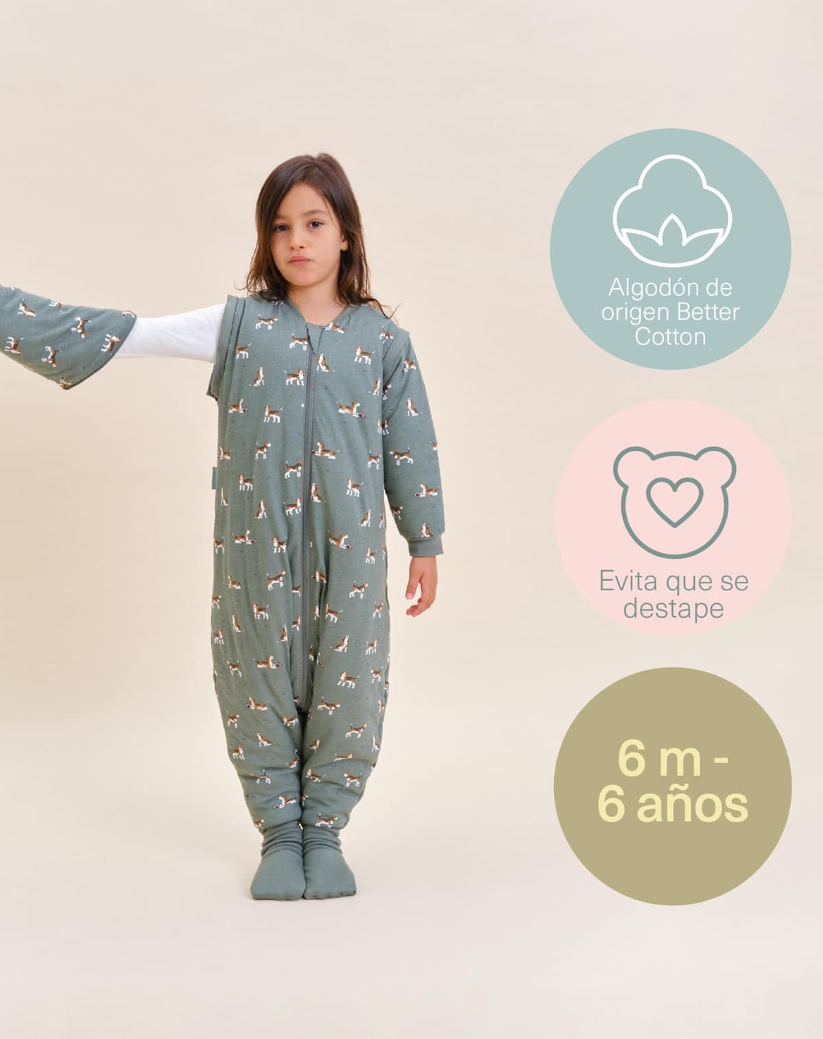 molis&co. Pijama Manta con Mangas Desmontables, Calcetines Antideslizantes, TOG 2.5 Estampado Beagle, Algodón 100%, Oeko-Tex 100 Certificado, 1 año — view 5