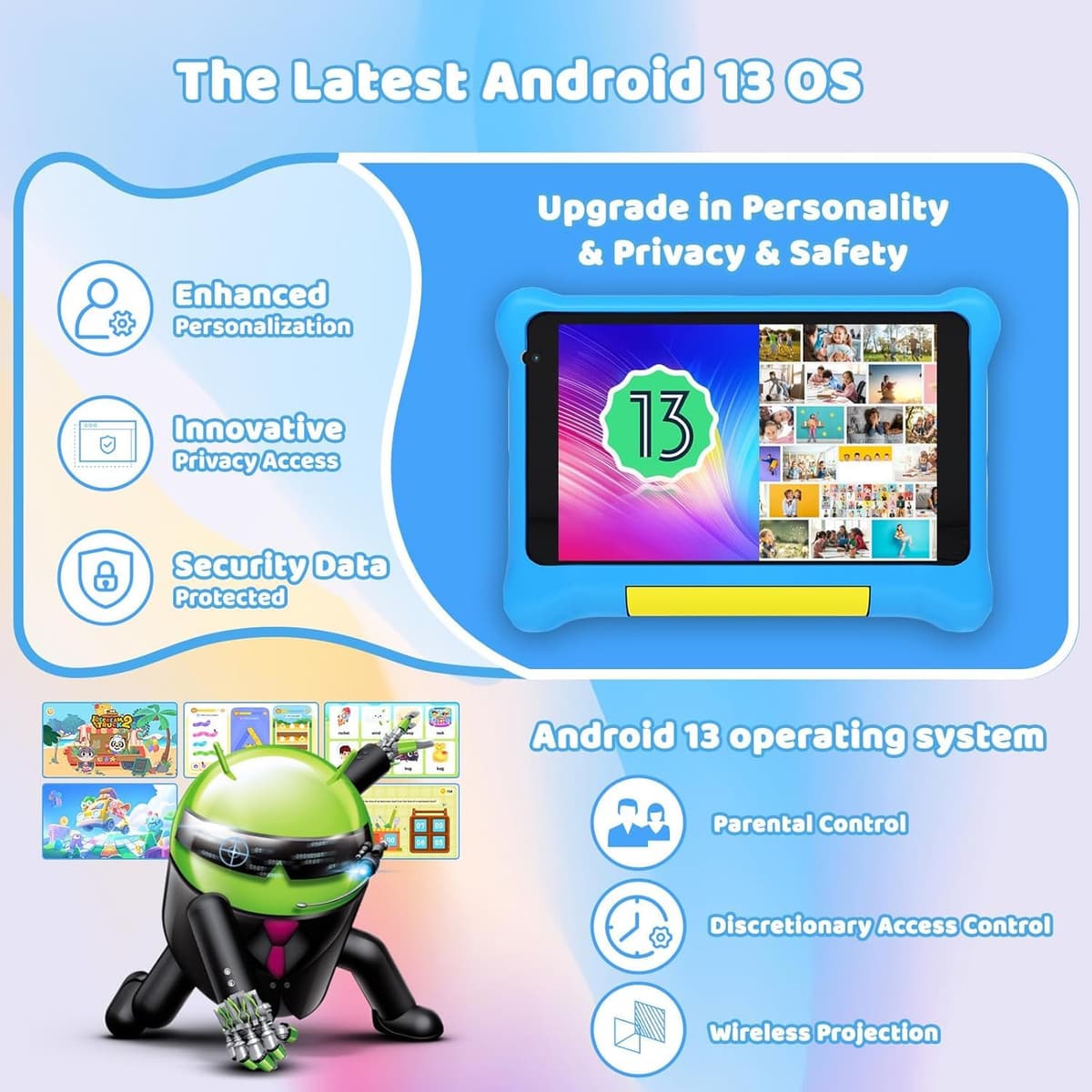 Whitedeer 7 Inch Kids Tablet, Android 13 Tablet for Kids, 5GB+32GB+128GB, Pre-installed kids Apps, 1024x600, 2500mAh, 0.3MP+2MP Dual Camera, WiFi 6, BT5.2, Android Tablet with Shockproof Case(Blue) — view 2
