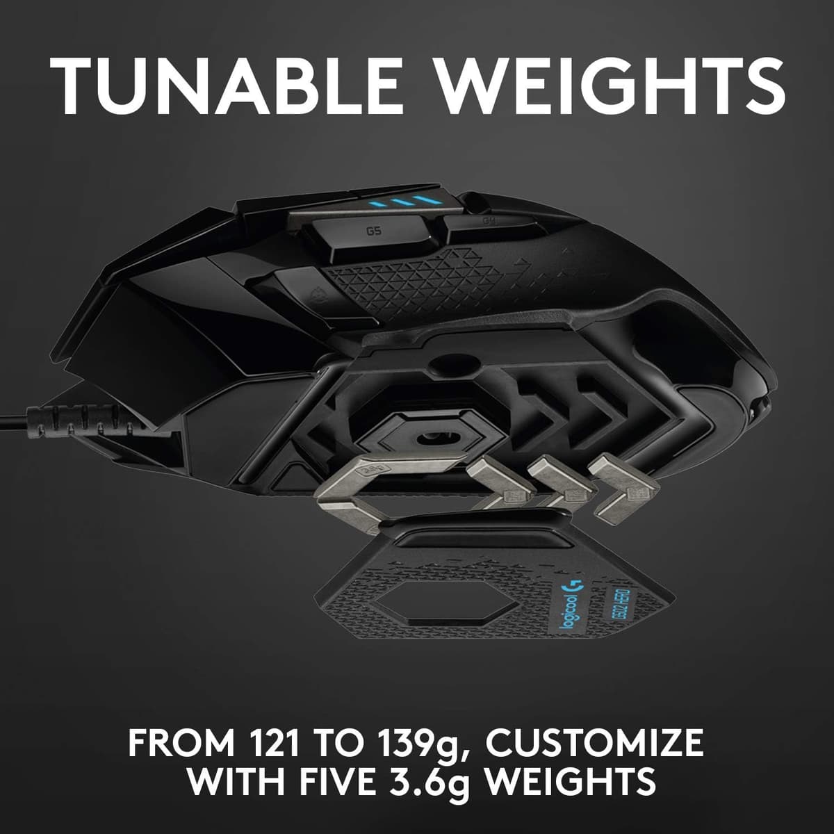 Logitech G502 HERO High Performance Wired Gaming Mouse, HERO 25K Sensor, 25,600 DPI, RGB, Adjustable Weights, 11 Programmable Buttons, On-Board Memory, PC/Mac - Black — view 3