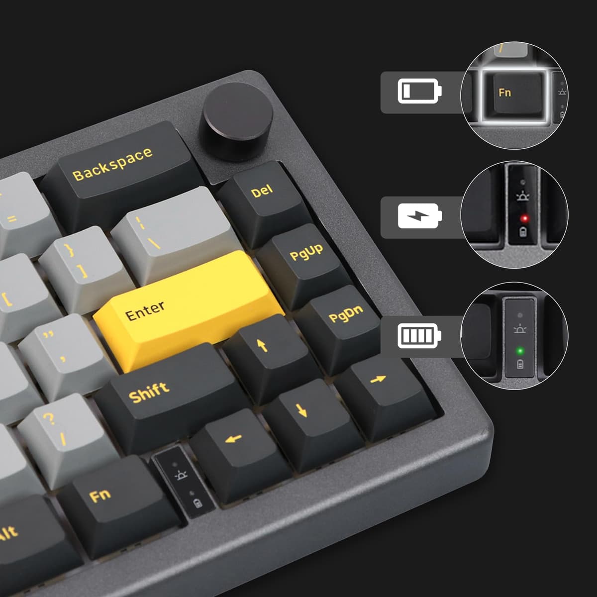 EPOMAKER EK68 Teclado Mecánico Inalámbrico/Bluetooth/USB-C. 65% Teclado con batería 3000mAh,Volumen botón,RGB,Hot Swap,para Juegos/Oficina/PC/Mac/Linux (US Negro Oro, Gateron Yellow Switch) — view 4