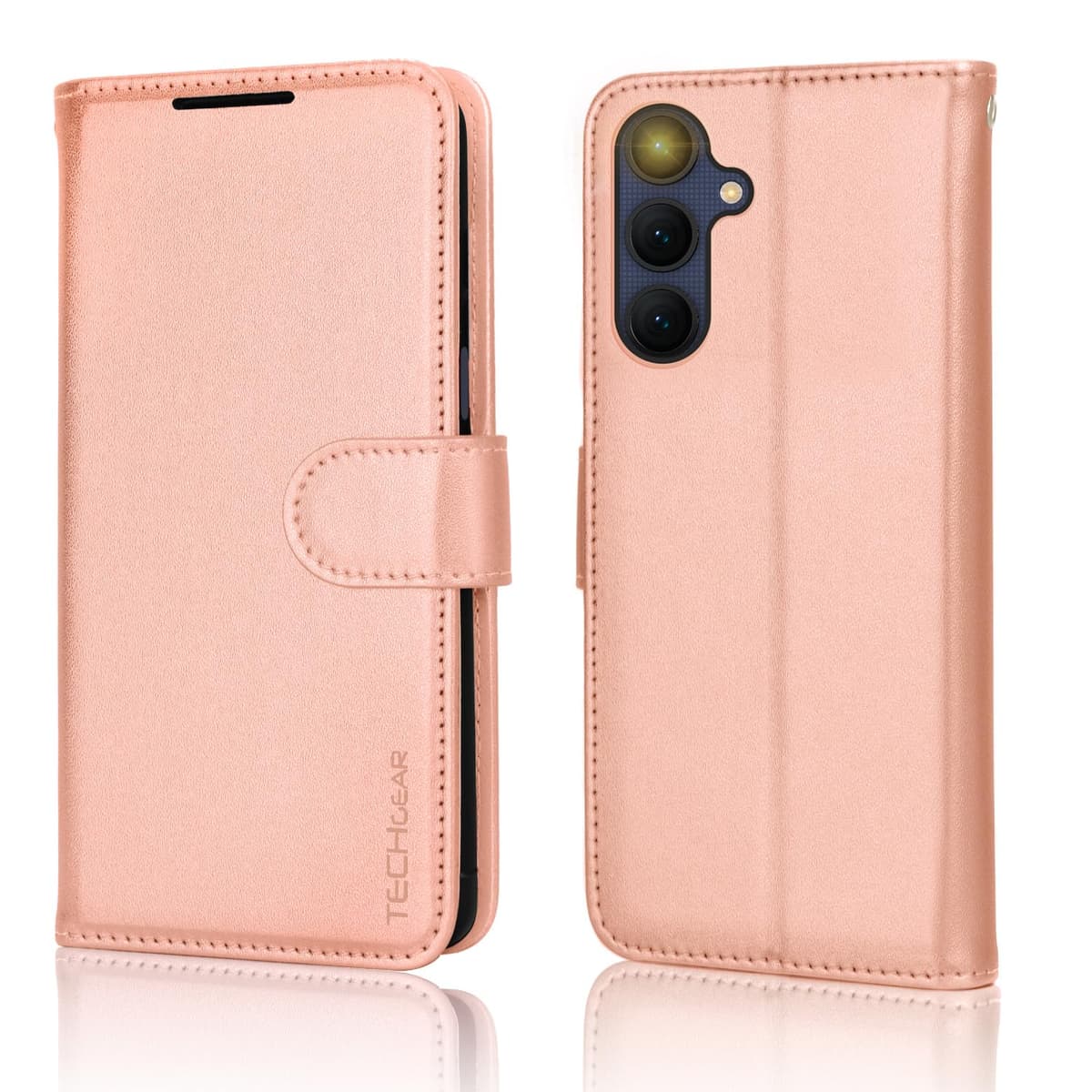 TECHGEAR Funda de Cuero tipo Cartera para Galaxy A25 5G, Funda Protectora con Tapa [BLOQUEO RFID] con Tarjetero, Soporte y Correa para la muñeca - Cuero PU Dorado Rosa con Cierre magnético para Samsun — view 2