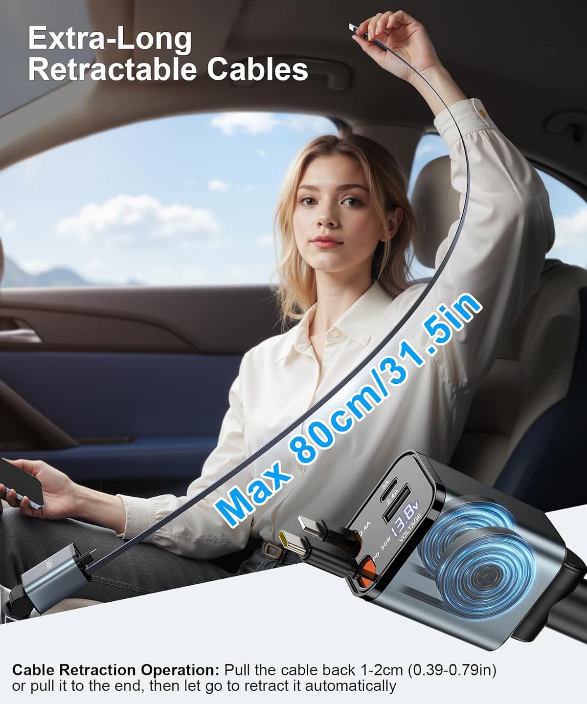 Gritin Retractable Car Charger, 69W Super Fast 4 in 1 USB C Car Charger Adapter with Smart Device-Adaptive Charging Technology&Instant Voltage Display, Accessories for iPhone17 16 Pro Max,iPad,Android Gray — view 3