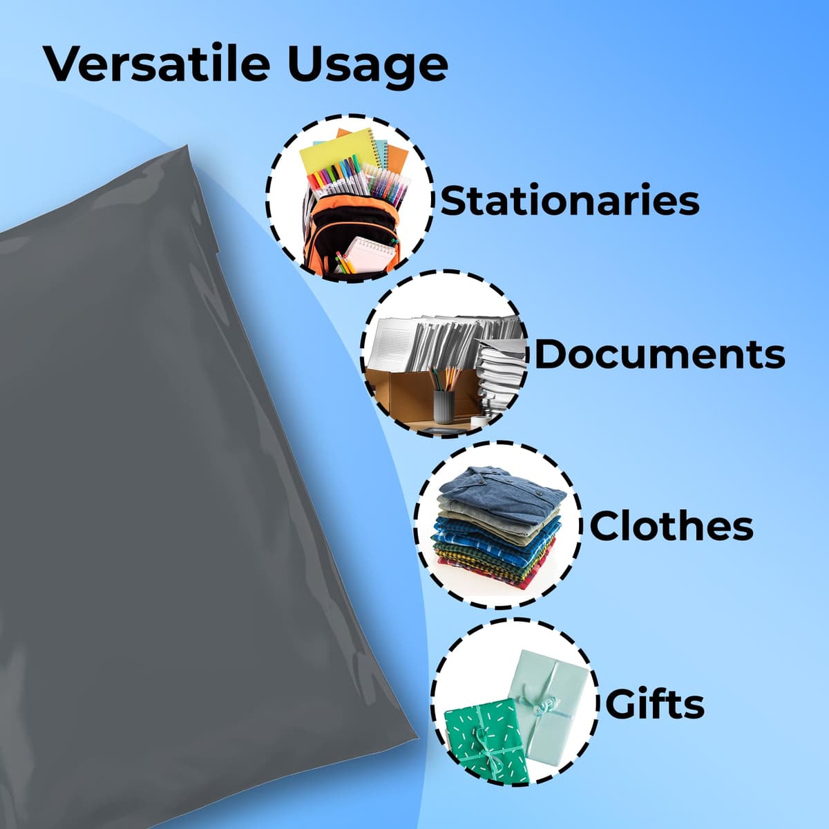 Double Dragon 60 Mixed Size Self-Seal Mailer Bags | Tamper-Proof Plastic Packaging for Mailing, Postage, Shipping & Delivery | Grey (4 Sizes | Small to Large | 15 Each) — view 6