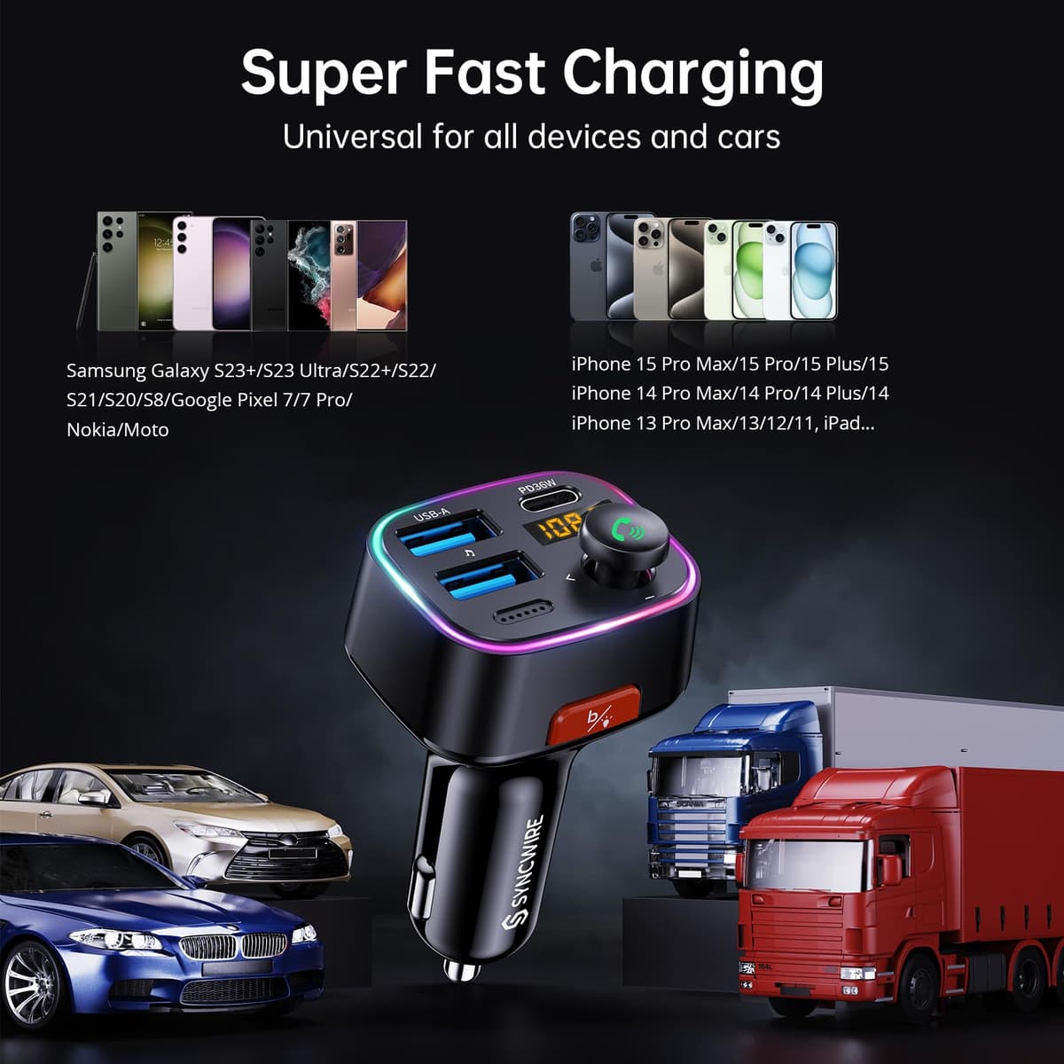 Syncwire Bluetooth 5.4 FM Transmitter Car Adapter 48W (PD 36W & 12W) [Light Switch] [HiFi Bass Sound] [Fast Charging] Wireless Radio Music Adapter LED Display Hands-Free Calling Support USB Drive — view 8