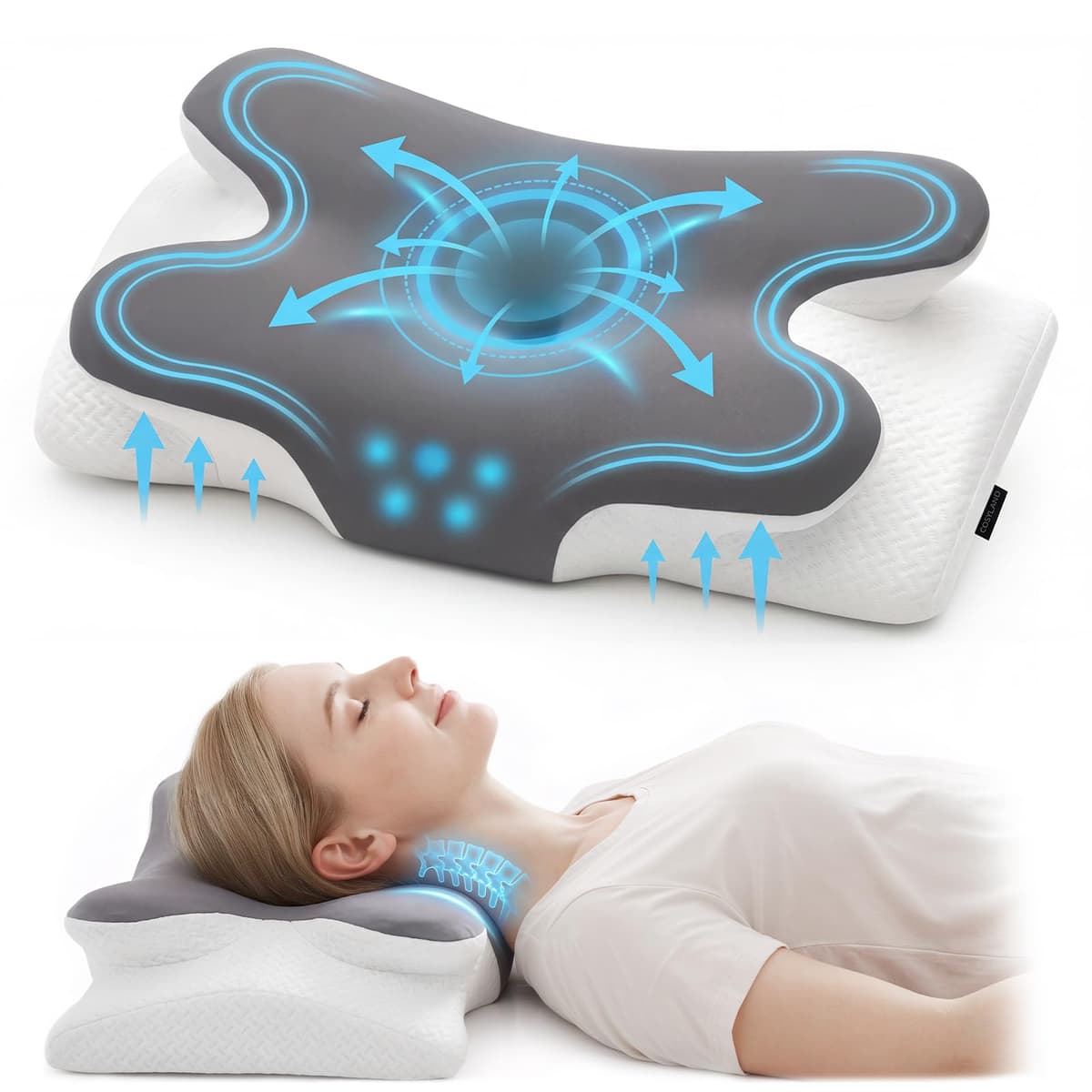 COSYLAND Almohada Cervicales y Cuello - Espuma Viscoelástica, Diseño Mariposa con Soporte Ergonómico y Transpirable, para Dormir de Lado, Boca Arriba y Boca Abajo, 63 x 34 x 11/13 cm — view 2