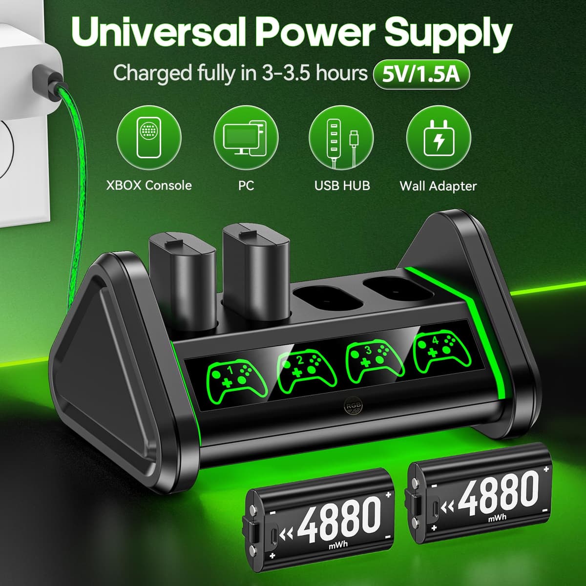 OIVO Rechargeable Battery for XboxOne/Xbox Series X|S, 4 x 4880mWh Xbox Batteries, Xbx Series Battery Charger Station for XboxOne S|X/Elite Controllers — view 3