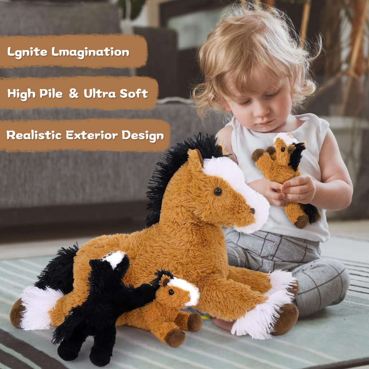 MorisMos Horse Soft Toys for Girls, Lifelike Cuddly Horses Teddy with Babies inside, Kawaii Plush Pony Stuffed Animal Presents for Kids Boys Birthday Party Decoration (Dark Brown 54cm) — view 5