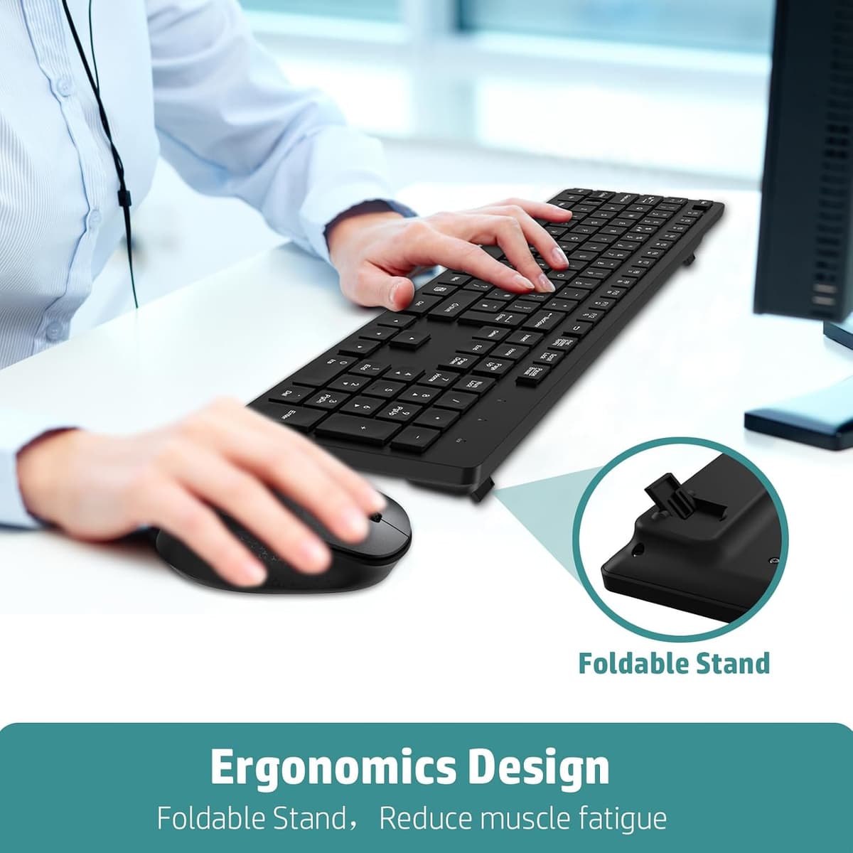 LeadsaiL Wireless Keyboard and Mouse Set, 2.4GHz USB Computer Keyboards and Mouse Combo, Full Size UK QWERTY Layout, Ergonomic Design with 12 Multimedia Shortcuts for HP/Lenovo Laptop and Mac - Black — view 3