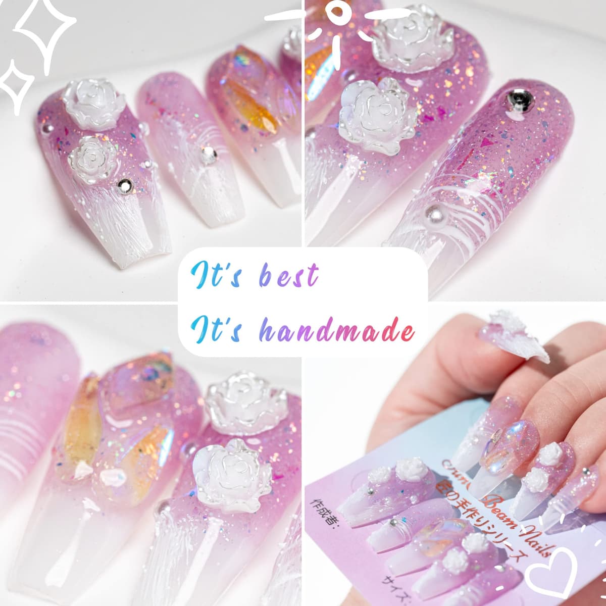 Sun&Beam Nails Handmade Press On Nail Long Coffin Ballerina Pink Flower Acrylic Fake Tip 3D Design Art Charms Cute with Storage Box 10 Pcs (S) — view 310