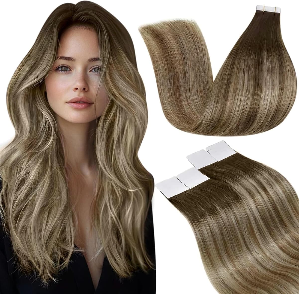 LaaVoo Tape in Hair Extensions Human Hair Blonde Tape Hair Extensions Real Human Hair Invisible Tapes Remy Straight Balayage Brown to Blonde Hair Double Sided Tabs 20pcs 50g 16 Inch #8/18/60 — view 119