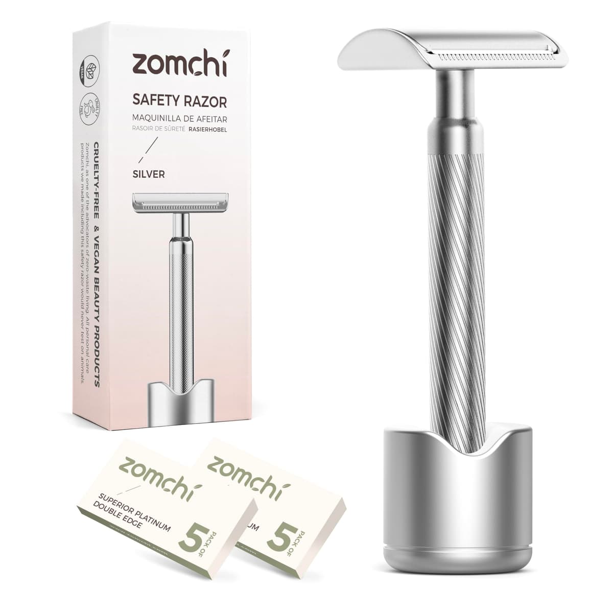 Maquinilla de afeitar de seguridad de doble filo con soporte en plata, maquinilla de afeitar clásica para hombre con 10 cuchillas, construcción de acero inoxidable duradera y duradera