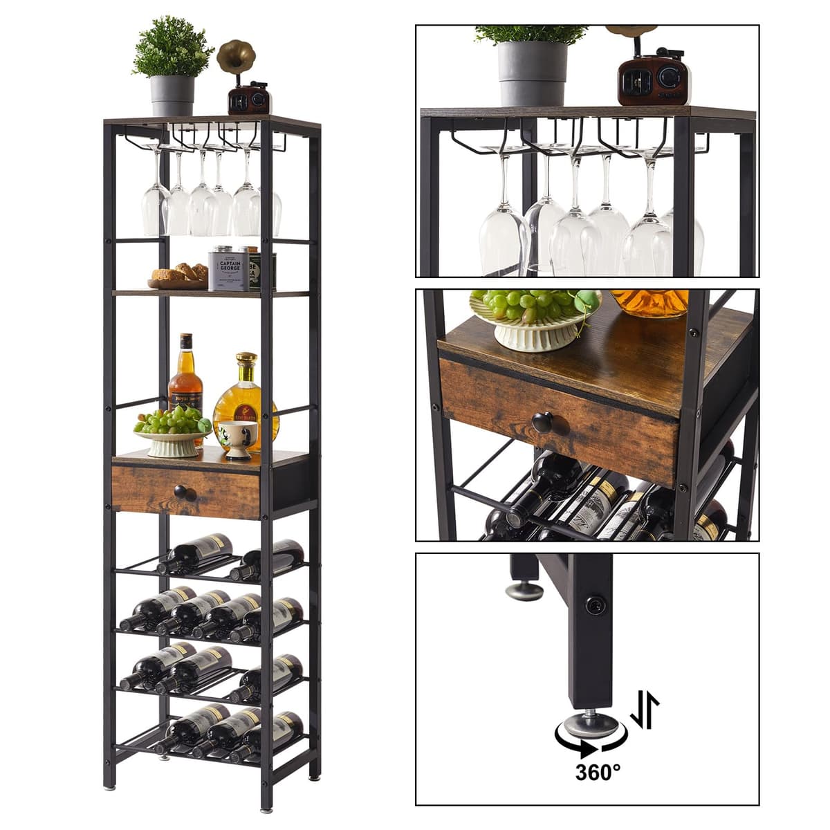 IBUYKE Estantería De Vino, Botellero Vino De 4 Capas Independiente con Portavasos Y Cajón,Estante De Vino De Mostrador, Organizador De Almacenamiento,para Cocina, Bar, Comedor, Marrón Vintage TMJ905H — view 5