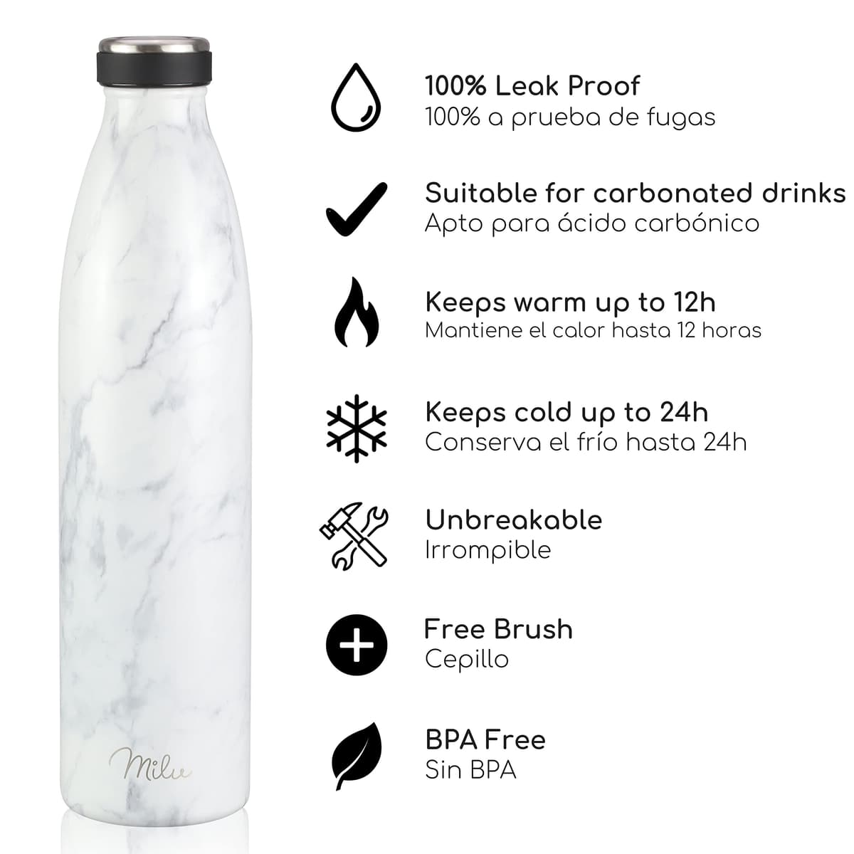Milu Botella de acero inoxidable de 350ml 500ml 750 ml 1 L 1,5 L botella de agua aislada, termo a prueba de fugas, doble pared, apta para ácido carbónico + cepillo de limpieza (Azul Violeta, 350ml) — view 230