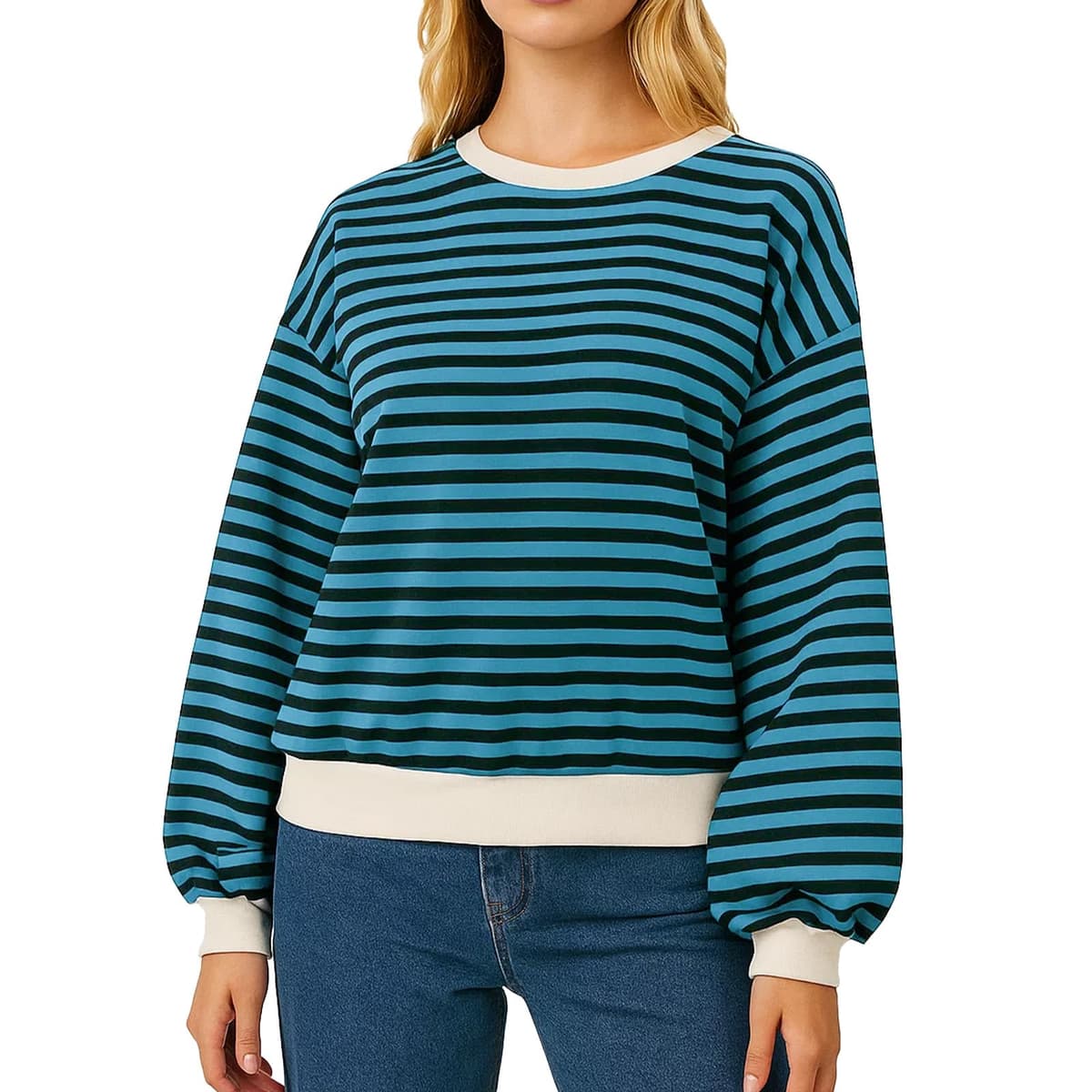 Sudadera de manga larga a rayas para mujer, casual, cuello redondo, con dobladillo de contraste en los puños — view 6