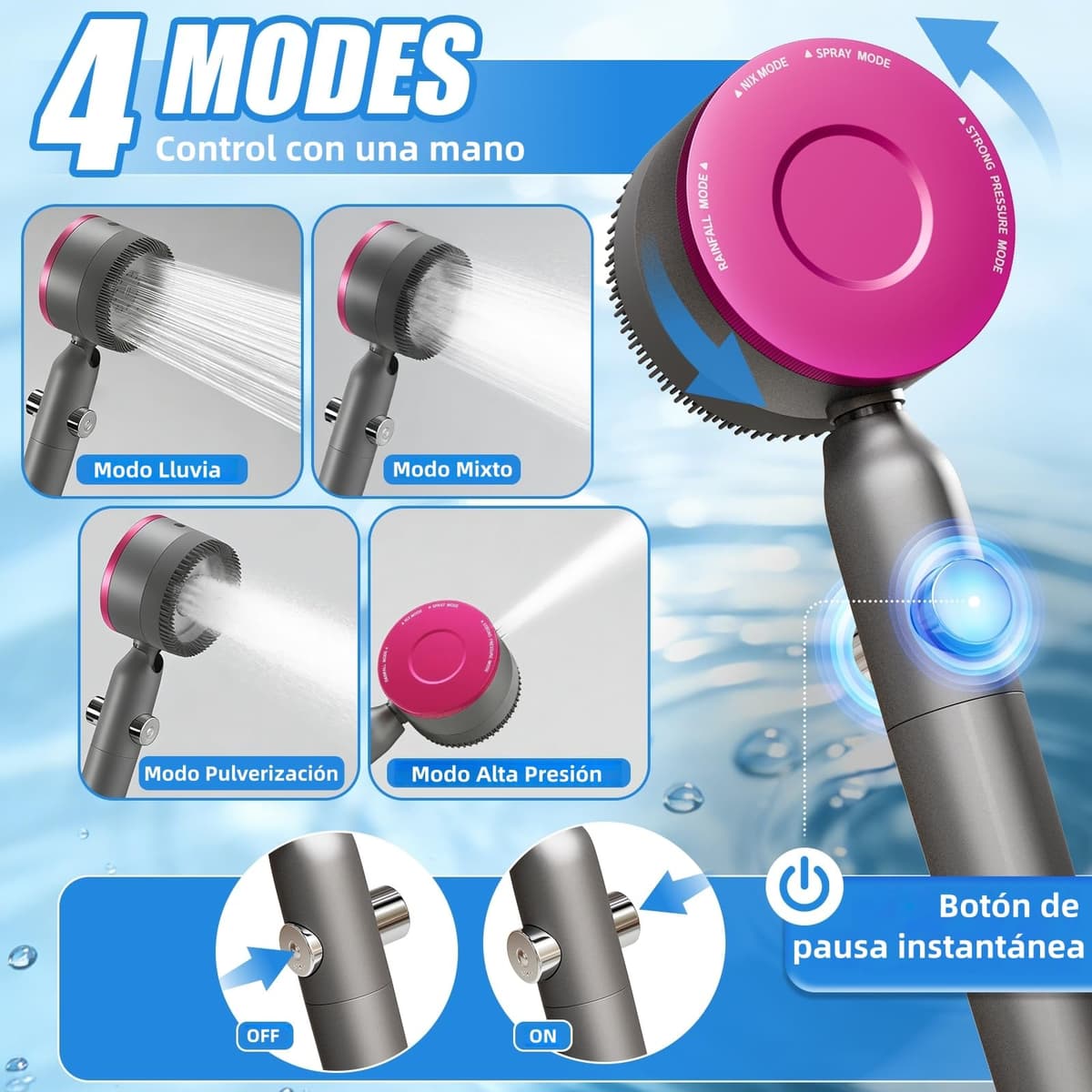 Alcachofa de Ducha Alta Presión con Filtro Antical,Cabezal de Ducha 4 Modos con Función de Masaje,Ahorro de Agua,Kit con Manguera 1.5M,5 Filtros y Soporte,Botón de Parada ON/OFF,Ajuste Estándar — view 5