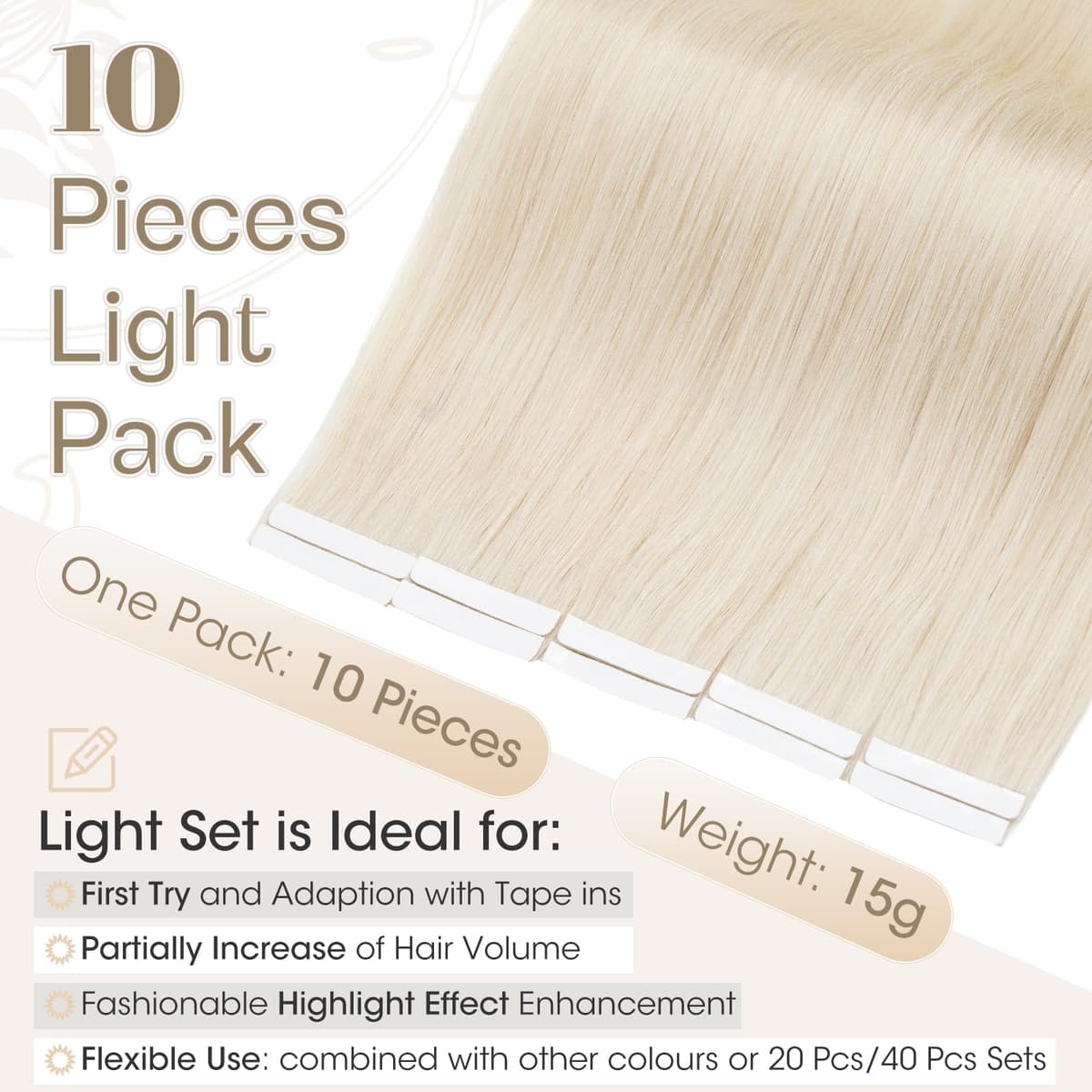 Elailite Tape in Hair Extensions Human Hair Real Human Hair 10 Pcs Invisible Thin Type - Seamless Skin Weft Remy Hair Extension (#70 Bleach White, 12 Inch-10g) — view 3