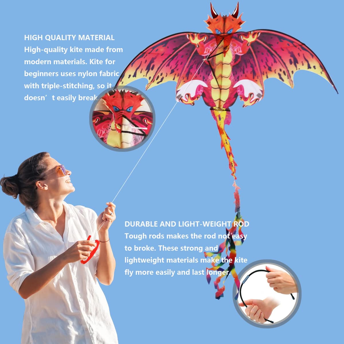Laptony Dragón Cometa Precioso para Juegos y Actividades al Aire Libre, Fácil de Volar y Montar, Cometa para Deportes al Aire Libre de Verano en Parque o Playa — view 3