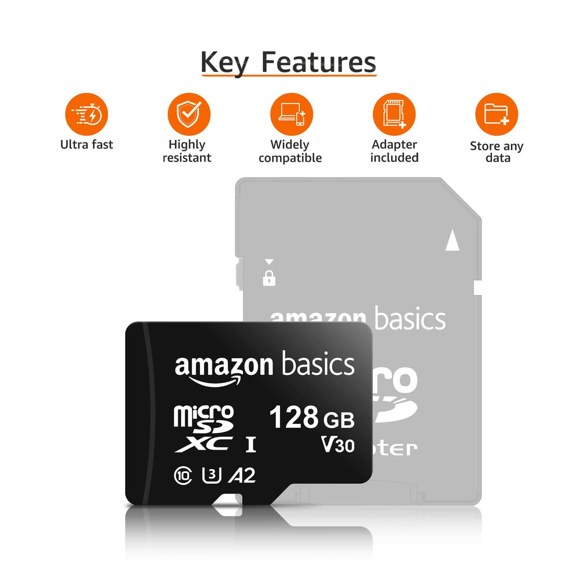 Amazon Basics microSDXC Memory Card with Full Size Adapter, A2, U3, Read Speed up to 100 MB/s, 128GB, Black — view 2