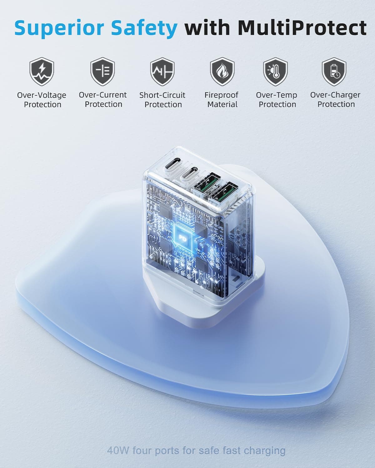 USB C Plug, 40W 4-Port Fast Charger Plug UK Dual Port PD Power Adapter +QC Multi Mains Wall Charger Type C Charging Plug for iPhone 16 15 14 13 12 11 Pro Max Plus XS XR SE,Samsung, iPad, AirPods — view 4