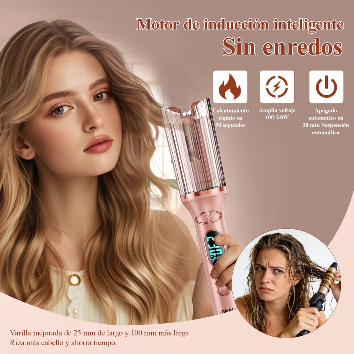 Rizador Automático Pelo Ondas Automatico: Rizador de pelo Automatico de 25 mm con 14 Temperaturas y 5 Temporizadores - Hair Curler Portátil con Pantalla LED, Antiquemaduras y Calentamiento Rápido — view 4