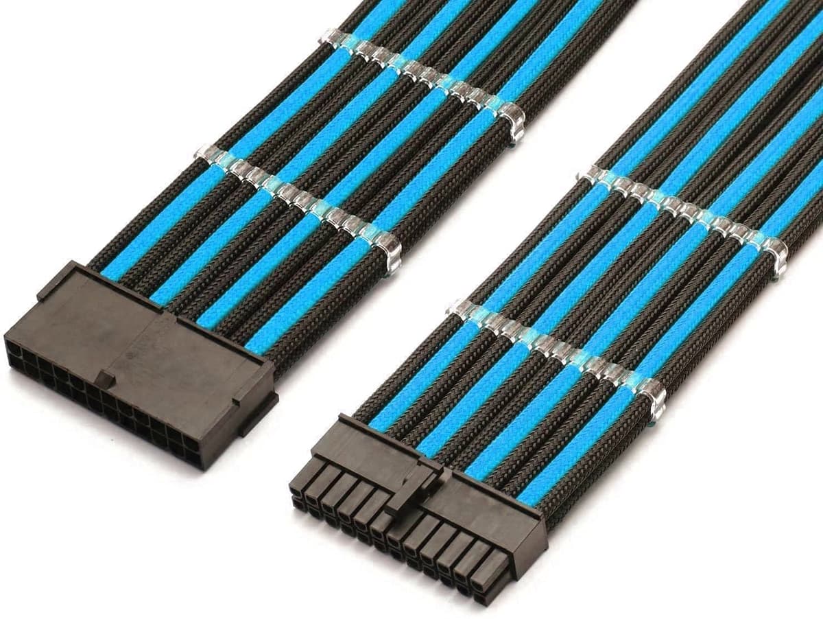 Shakmods 24 Pin ATX Motherboard Sleeved Extension Cable 30cm + 2 Cable Combs (Light Blue)