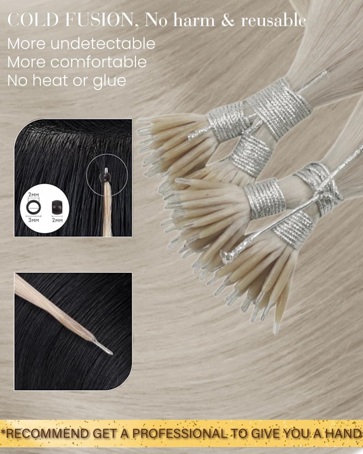 Hetto Nano Hair Extensions Real Human Hair Blonde 18 Inch - Invisible Nano Rings Hair Extension, Platinum Blonde Nano Beads Remy Hair Straight Fashion Styling for Party 50 strands 50 g #60 — view 2