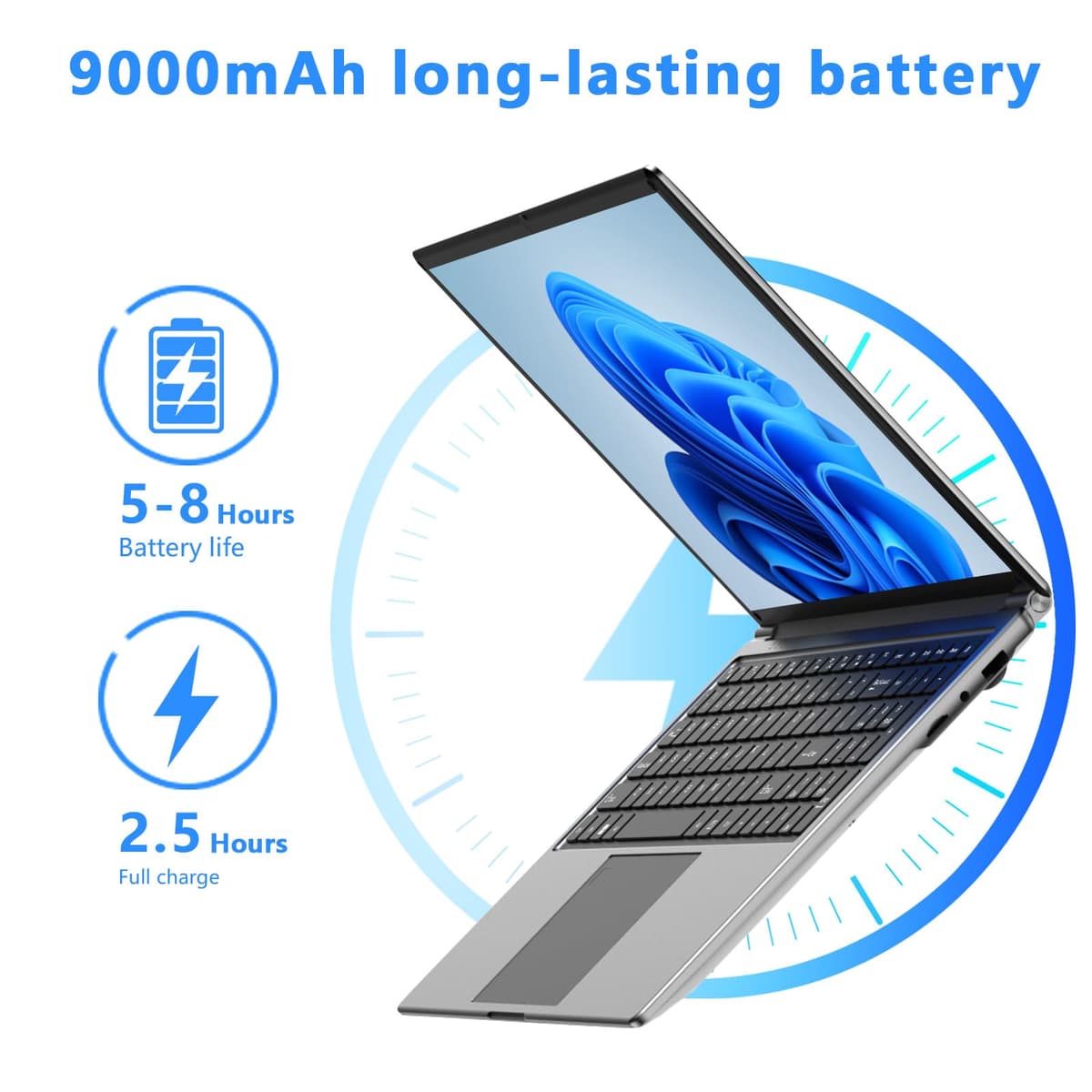 laptop 16-inch 8GB DDR 256GB SSD portable laptop computer, expandable to 1TB, AMD A9-9400 Radeon R5 CPU up to 3.2 GHz, 9000mAh battery, Numeric Keypad, USB 3.0, dual-band WiFi, webcam, slim laptops — view 6