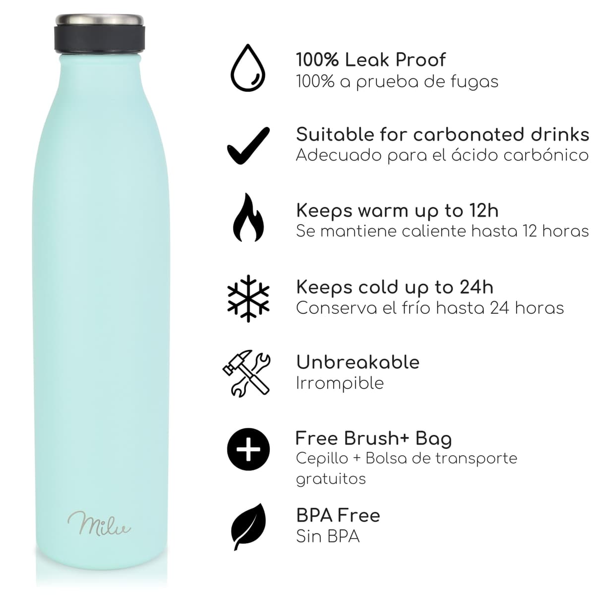 Milu Botella de acero inoxidable de 350ml 500ml 750 ml 1 L 1,5 L botella de agua aislada, termo a prueba de fugas, doble pared, apta para ácido carbónico + cepillo de limpieza (Azul Violeta, 350ml) — view 101