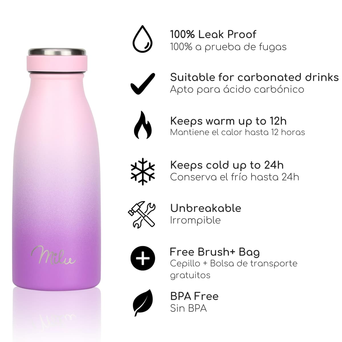 Milu Botella de acero inoxidable de 350ml 500ml 750 ml 1 L 1,5 L botella de agua aislada, termo a prueba de fugas, doble pared, apta para ácido carbónico + cepillo de limpieza (Azul Violeta, 350ml) — view 227