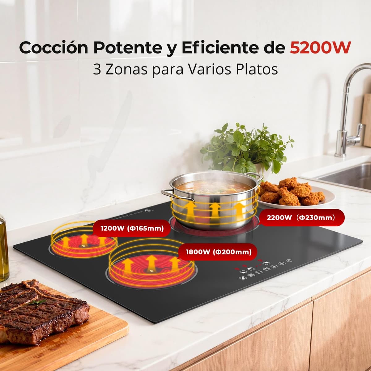 SNDOAS Placa Vitrocerámica 3 Fuegos 5200W, Vitroceramica 3 Zonas de Cocina (1200W+1800W+2200W), 9 Niveles de Calor, Seguridad para Niños, Temporizador 99 Min, Compatible con Todos los Utensilios — view 3