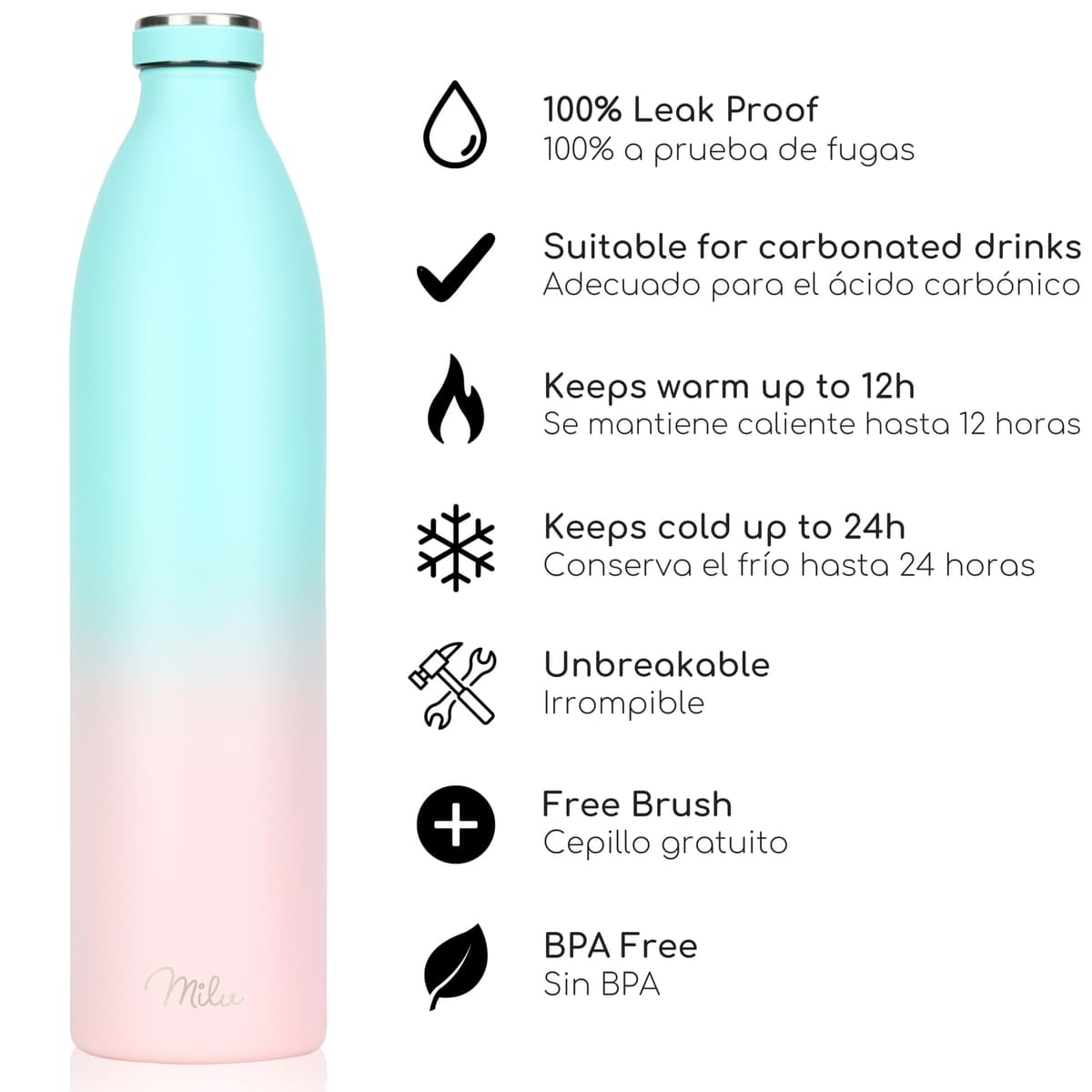 Milu Botella de acero inoxidable de 350ml 500ml 750 ml 1 L 1,5 L botella de agua aislada, termo a prueba de fugas, doble pared, apta para ácido carbónico + cepillo de limpieza (Azul Violeta, 350ml) — view 162
