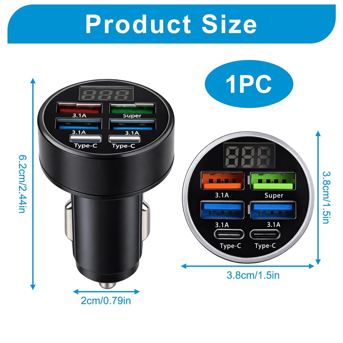 LED USB Car Charger Adapter 6 In 1, 6-Port 12/24V Fast USB Car Charger, 2 Type-C Ports Plus 4 USB Ports Cigarette Lighter USB Charger with Led Voltmeter, Compatible with Most Mobile Phones — view 2