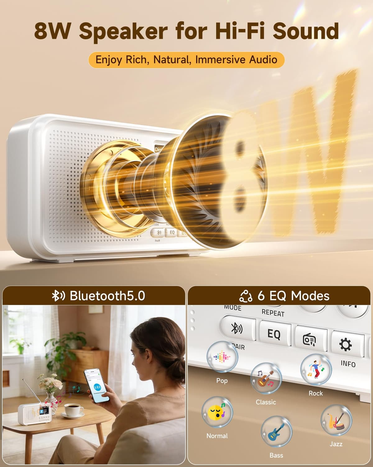 Roxicosly Portable DAB Radio, 3000mAh Rechargeable & Mains Powered Digital FM Radio with Bluetooth, 2.4" Color Display, 18H Playtime, 80 Presets, EQ, 3.5mm AUX & SD Card Slot, Dual Alarm, Sleep Timer — view 3