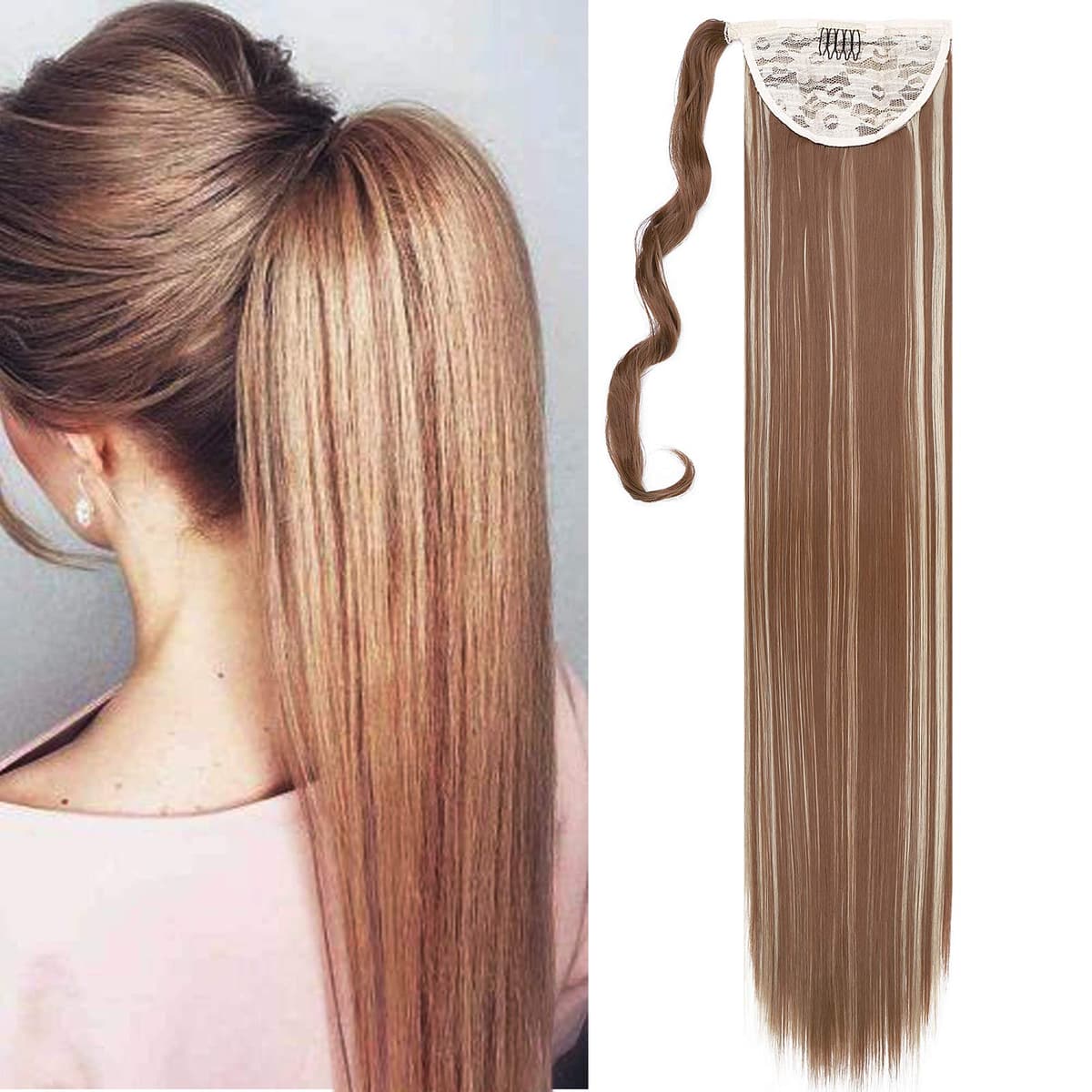 17"(43cm) SEGO Ponytail Long Synthetic Hair Looks Natural [Red Brown/Orange] Clip in Hair Extensions Curly Tail Ponytail Extension (90g) — view 44