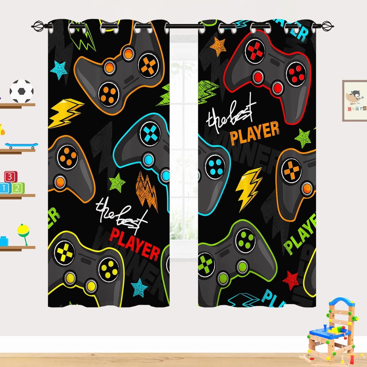 YUANZU Gamepad Curtains - Kids Abstract Gamer Video Game Joystick Print Pattern Eyelet Blackout Thermal Insulated & Room Darkening Window Drapes for Boys Teen Bedroom Playroom 2 Panels W117cm x D183cm — view 2