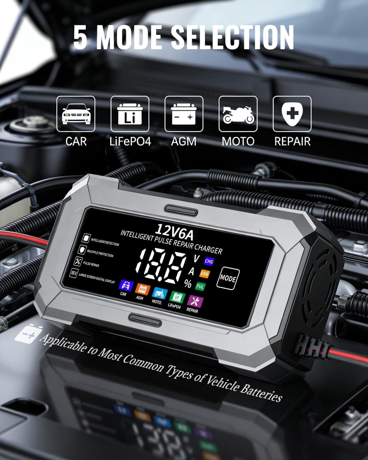 Car Battery Charger & Trickle Charger for Car Battery with Pulse Repair & Digital Display, Compatible with CAR AGM MOTO LiFePO4 Batteries — view 2